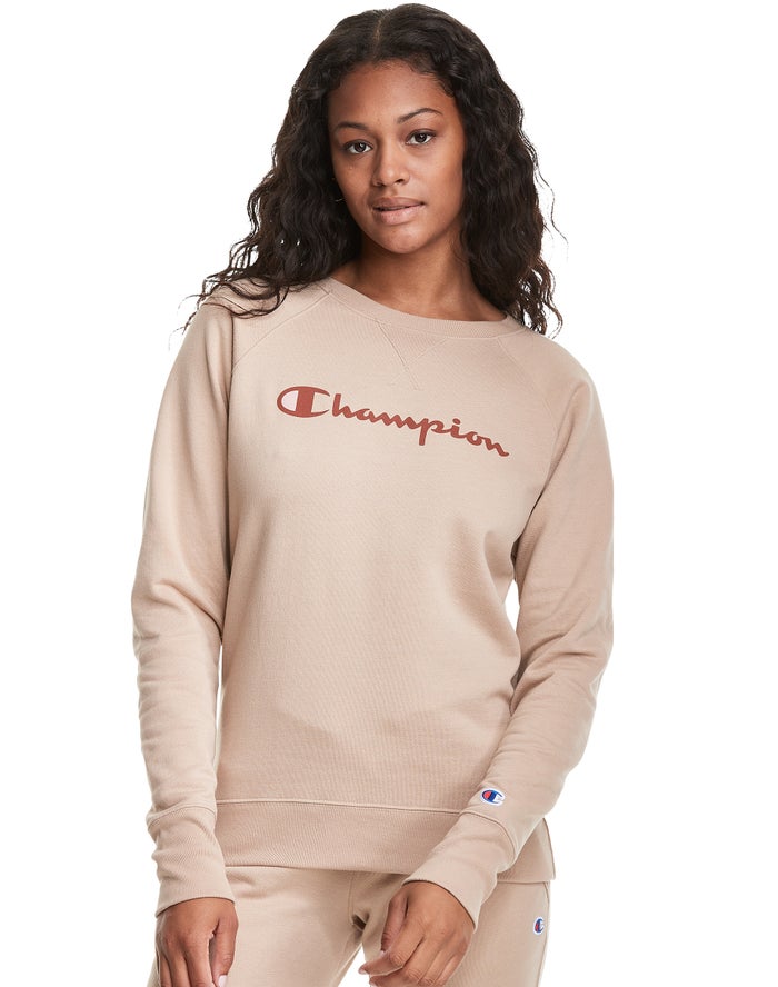 Champion Powerblend Fleece Classic Crew Script Logo - Naisten Khaki Collegepaita - Suomi 8419523-AN